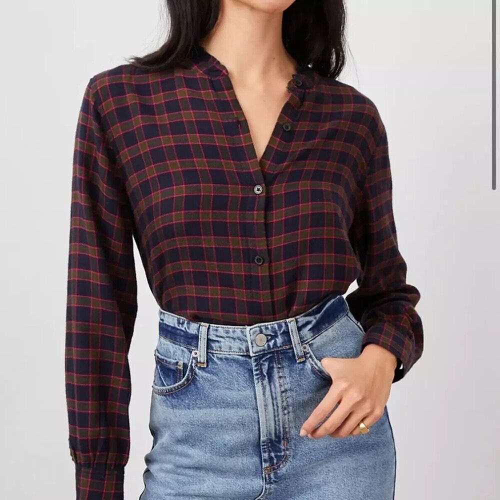 Rails Medium Andie Navy Olive Fuchsia Plaid Flannel Button Front Shirt Womens